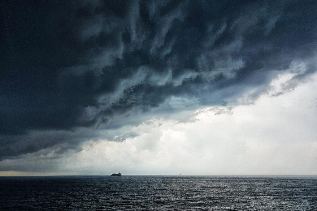 thunderstorm, storm, nature, sea, thunder, dramatic, clouds, climate, danger, rain, boat, ship, ocean